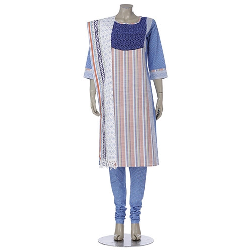 Aarong Blue Embroidered Striped Hand Loomed Cotton Shalwar Kameez Set