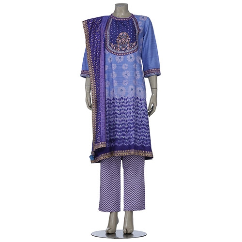 Aarong Blue Shibori Dyed and Erri Embroidered Mixed Silk Shalwar Kameez