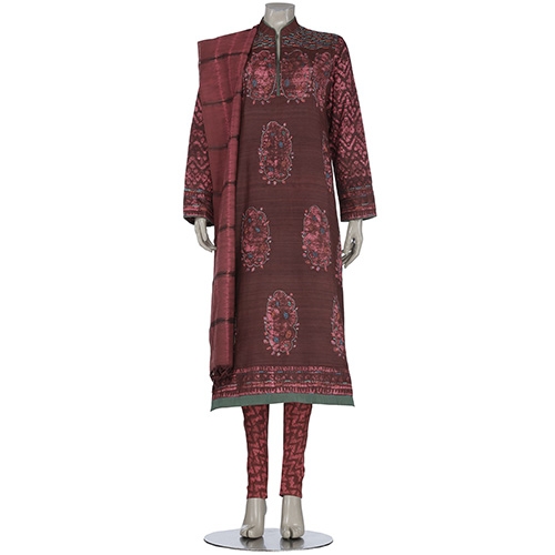 Aarong Deep Brown and Pink Wax Dyed and Embroidered Andi Silk Shalwar Kameez