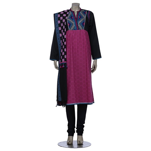 Aarong Fuchsia and Black Printed and Embroidered Mixed Viscose Shalwar Kameez Set
