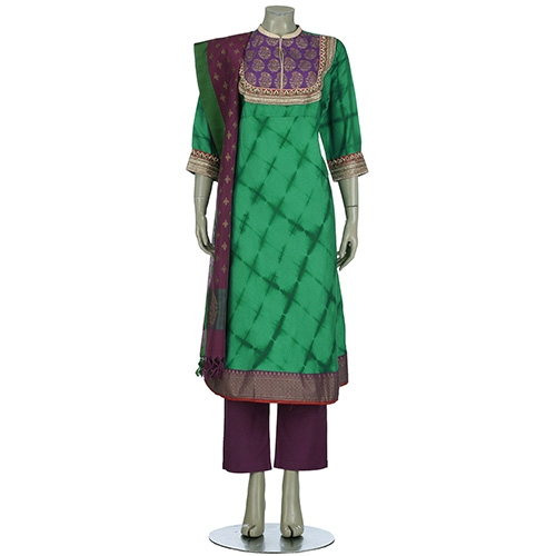 Aarong Green Tie-Dyed and Erri Embroidered Mixed Silk Shalwar Kameez