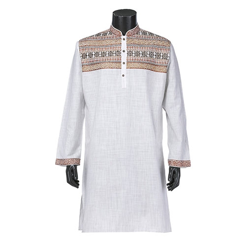 Aarong Ivory and Brown Embroidered Cotton Panjabi