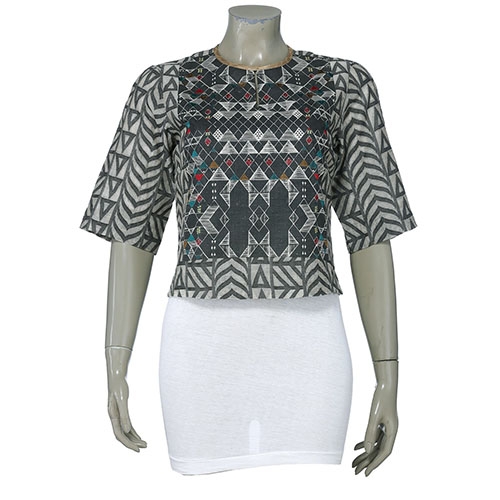 Aarong Ivory and Grey Printed and Embroidered Mixed Silk Top