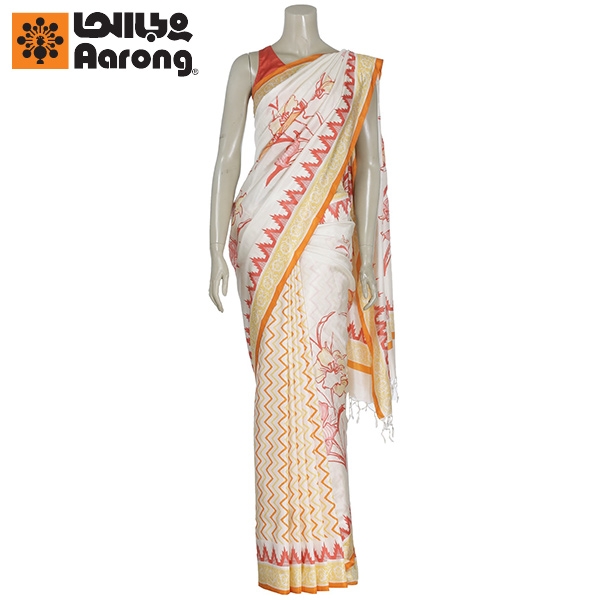 Aarong Ivory and Orange Hand Painted and Printed Silk Saree