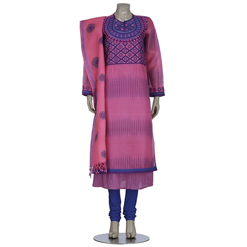Aarong Pink and Blue Embroidered Mixed Muslin Shalwar Kameez