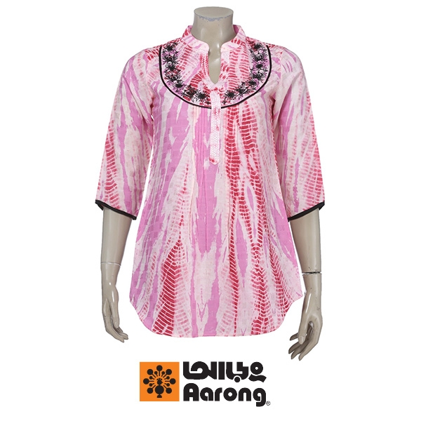 Aarong Pink and Red Tie Dye and Embroidered Cotton Top