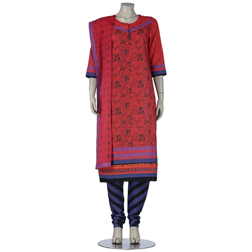 Aarong Red and Blue Printed and Appliqued Cotton Shalwar Kameez