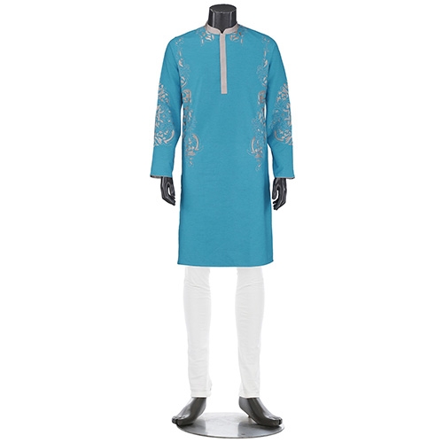 Aarong Turquoise Embroidered Slim Fit Cotton Panjabi