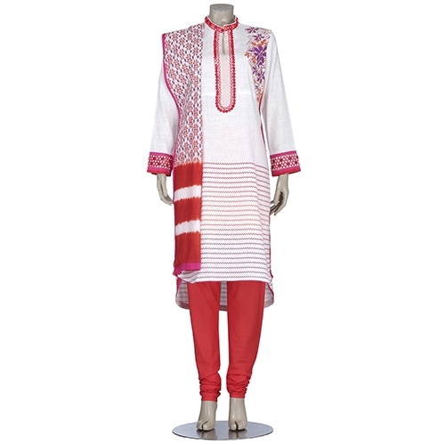 Aarong White and Red Printed and Embroidered Cotton Shalwar Kameez Set