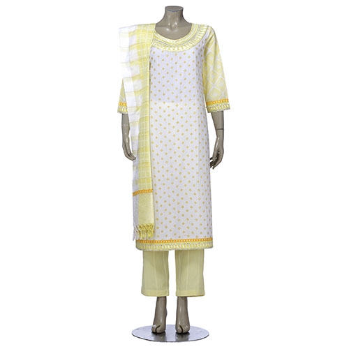 Aarong White Printed and Embroidered Hand Loomed Cotton Shalwar Kameez Set