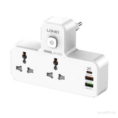 LDNIO Power Strip 2 Port with 2 USB and 1 USB-C PD & QC3.0 EU (SC2311) â€“ White